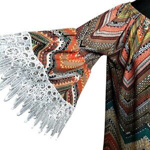 (012) Win Win Women's Multicolor Geometric Print Lace Sleeve Tunic Sized L-XL
